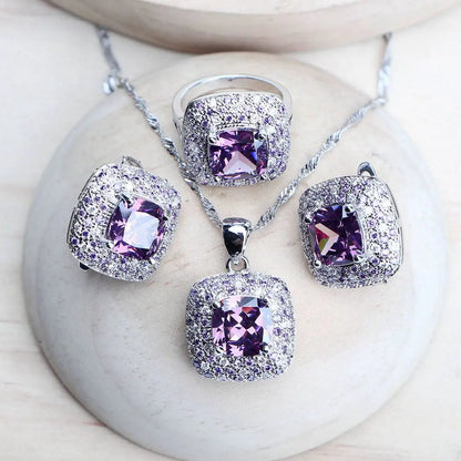 Purple Zirconia Women Bridal Jewelry Sets Silver 925 Fine Costume Jewellery Wedding Earrings Rings Bracelets Pendant...