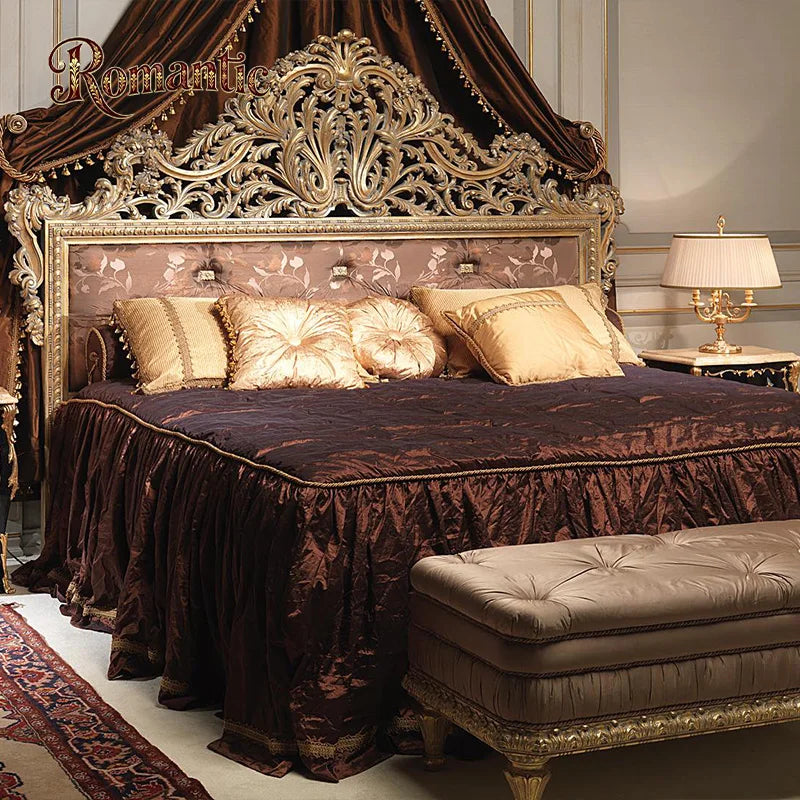 French Classical Style Solid Wood Bedroom Furniture Set with Antique Gold Leaf Decoration and Luxurious Antique Bed - Kimlud