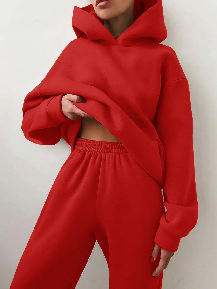 Women's Tracksuit Casual Solid Long Sleeve Hooded Sport Suits Autumn Warm Hoodie Sweatshirts and Long Pant Fleece Two Piece Sets - Kimlud