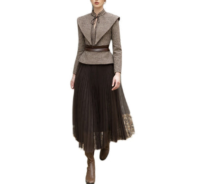 tailor shop Retro Slim and thin dark brown houndstooth winter female light luxury top and skirt Semi-Formal Dresses - Kimlud