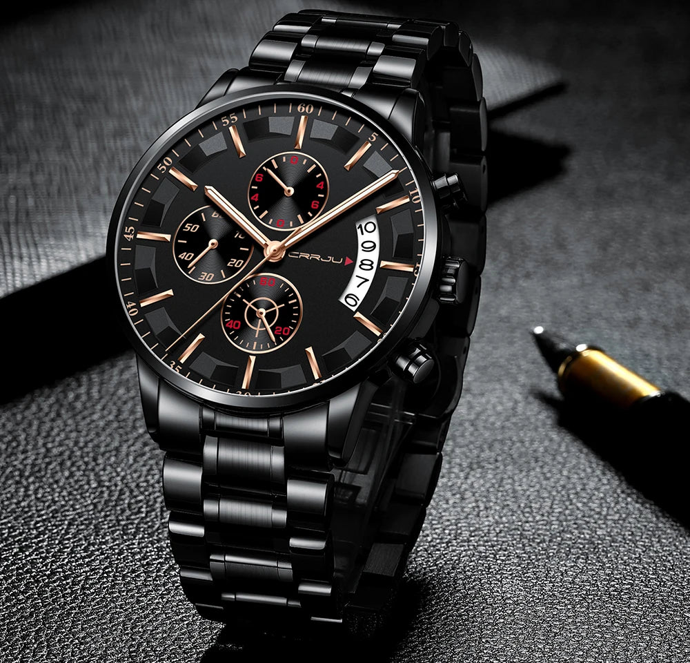 CRRJU 2261 Hot Sell Chinese Gents Quartz Watch clear Steel Strap Luminous Chronometer Calender Outdoor Hand Watch