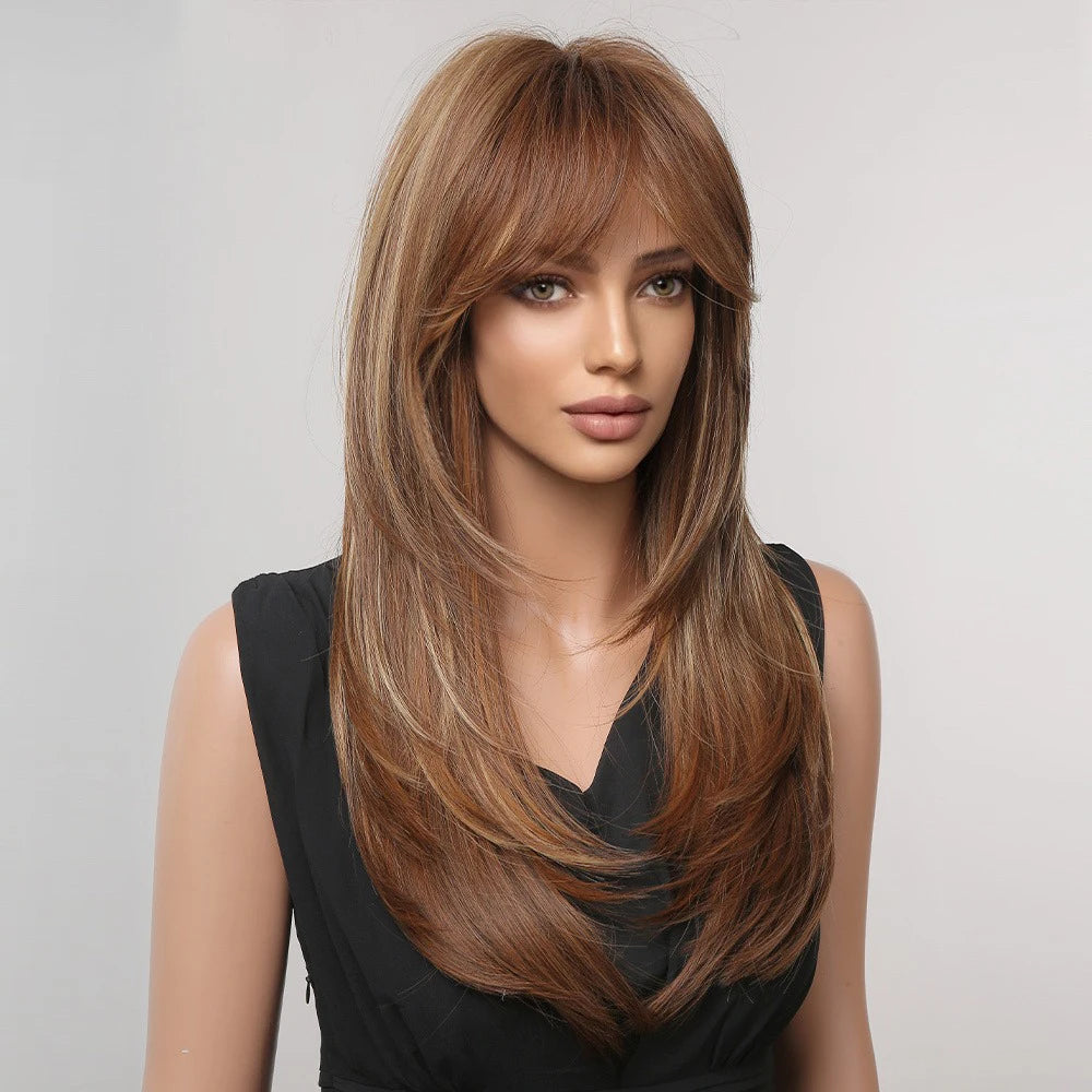 Factory Outlet MOQ 1Long Layered Brown Synthetic Wigs for Women Straight Blonde Mixed Bangs Wigs Use Heat Resistant Fiber