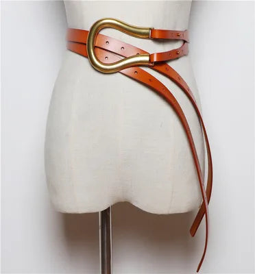 NEW Genuine Leather double Belts Luxury Metal U Buckle belt women girls retro vintage large belt for coat jeans black white