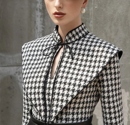 tailor shop Retro Slim and thin dark brown houndstooth winter female light luxury top and skirt Semi-Formal Dresses - Kimlud