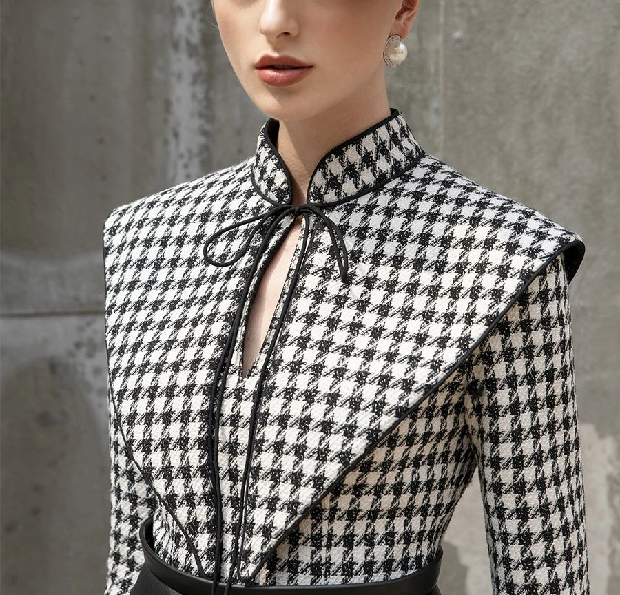 tailor shop Retro Slim and thin dark brown houndstooth winter female light luxury top and skirt Semi-Formal Dresses - Kimlud