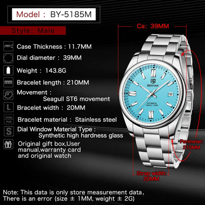 BENYAR Top Brand New Men Mechanical Wristwatches Stainless Steel Sports Automatic Watch 10Bar Waterproof Diving Watch for Men