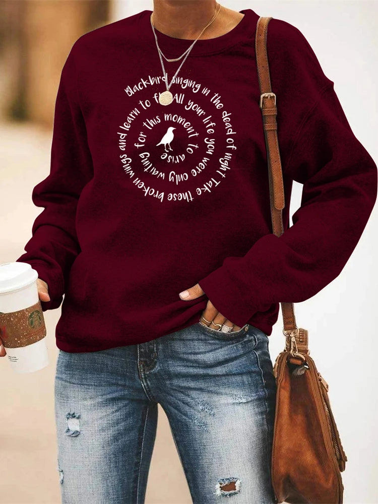 Women Casual Sweatshirt Blackbird Singing In The Dead of Night Crewneck Sweatshirts  Music Fans Gift Women Vintage Hoodies