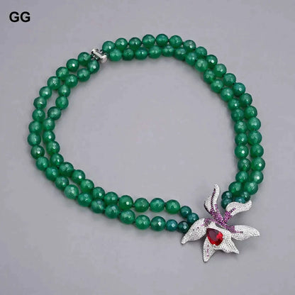 GuaiGuai Jewelry 18"-19'' 2 Rows Green Round Agates Necklace Red Crystal CZ Flower Pendant For Women
