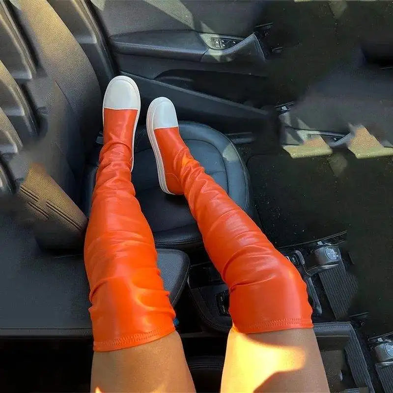 Green/Orange 2025 Botas Largas  Leather Over Knee High Flat Boots for Women