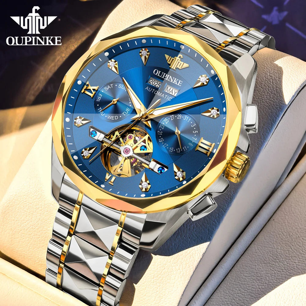 Oupinke 3316 Oem logo Hollow Design Business Tourbillon Waterproof Stainless Steel Luminous  Automatic Mechanical Watch for Man