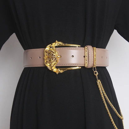Women's Runway Fashion Gold Buckle Genuine Leather Cummerbunds Female Dress Corsets Waistband Belts Decoration Wide Belt TB1757