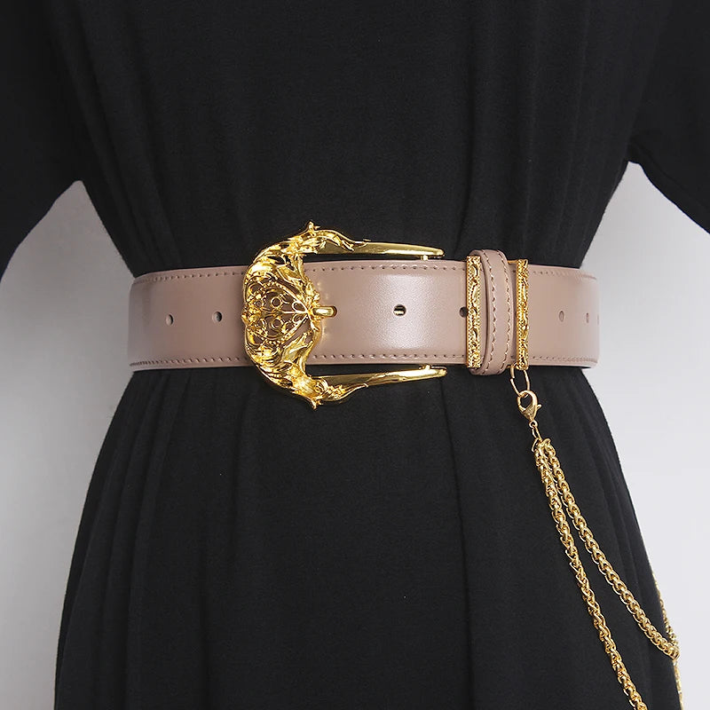Women's Runway Fashion Gold Buckle Genuine Leather Cummerbunds Female Dress Corsets Waistband Belts Decoration Wide Belt TB1757