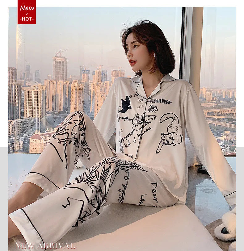QSROCIO Women's Pajamas Set Luxury Style Fashion Natural Animal Graffiti Sleepwear Silk Like Leisure Home Clothes...
