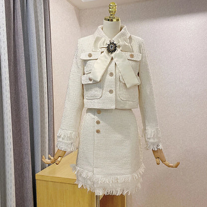 2021 Winter New Women Tweed Fringed 2 Two-Piece Set Sexy Long Sleeve V-Neck Button Coat + Short Skirt Set Vestidos Party Suit