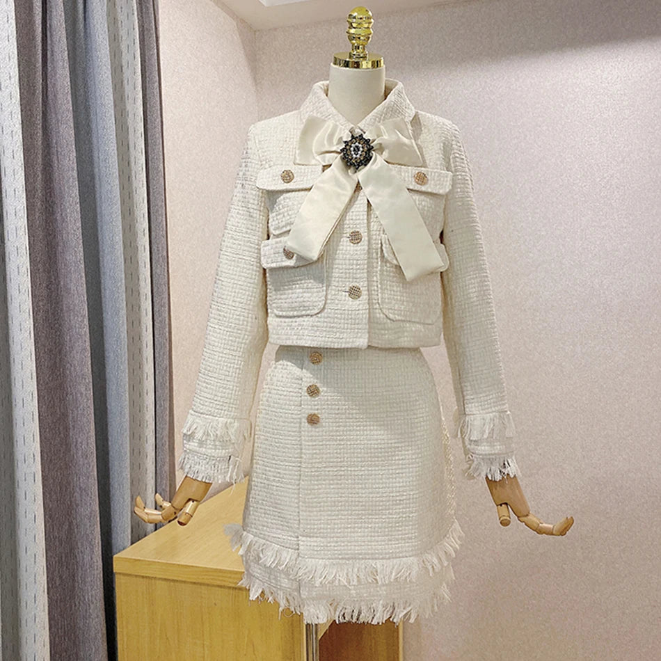2021 Winter New Women Tweed Fringed 2 Two-Piece Set Sexy Long Sleeve V-Neck Button Coat + Short Skirt Set Vestidos Party Suit