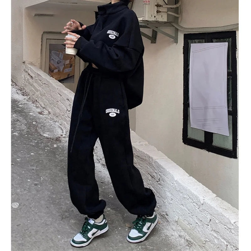 2023 Women Sweatshirt Suit Oversized Sets Female Stand Collar Loose Sweatshirt + Long Pants Suits Short Sets