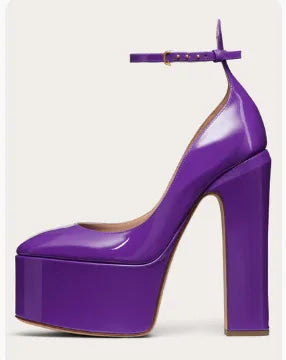 Fashion Thick Sole Pumps Block High Heel Round Toe Ankle Strap Women Dress Shoes Platform Sandal Patent Big Size 43