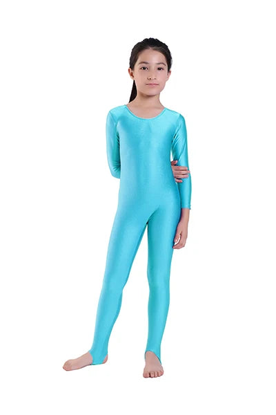 AOYLISEY Girls Dance Gymnastics Long Sleeve Unitard for Kids Jumpsuits Stirrup Show Stage Wear Zentai Childrens Unitards