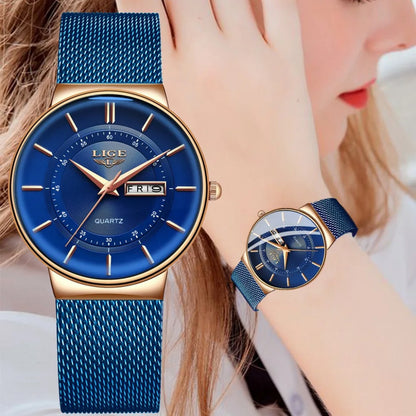LIGE Women Watches Luxury Brand Ultra-thin Calendar Week Quartz Watch Ladies Clocks Mesh Stainless Steel Waterproof Reloj Mujer