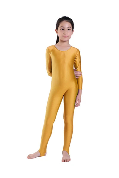 AOYLISEY Girls Dance Gymnastics Long Sleeve Unitard for Kids Jumpsuits Stirrup Show Stage Wear Zentai Childrens Unitards