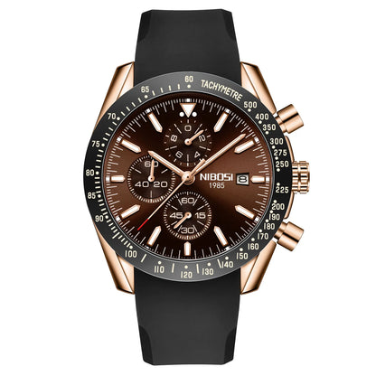 NIBOSI 2615 Business Style Men Watch Luminous Real Leather Band Wristwatch Silicone Strap Chronograph Quartz Watches