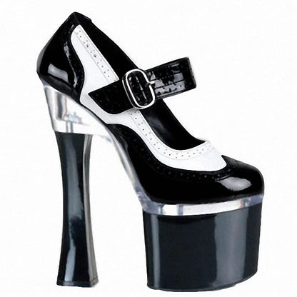 18CM High Heeled Shoes Super Big Size Shallow Pumps 7 Inches Peep Toe Thick Platform Patent Leather Buckle Strap Pole Dance