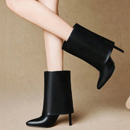 Solid Folding Design Pointed Toe Booties for Women Thin High Heel Slip-on Short Shoes Fashion Western Plus Size 43 Ankle Boots