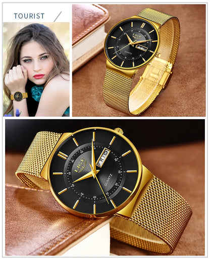 LIGE Women Watches Luxury Brand Ultra-thin Calendar Week Quartz Watch Ladies Clocks Mesh Stainless Steel Waterproof Reloj Mujer