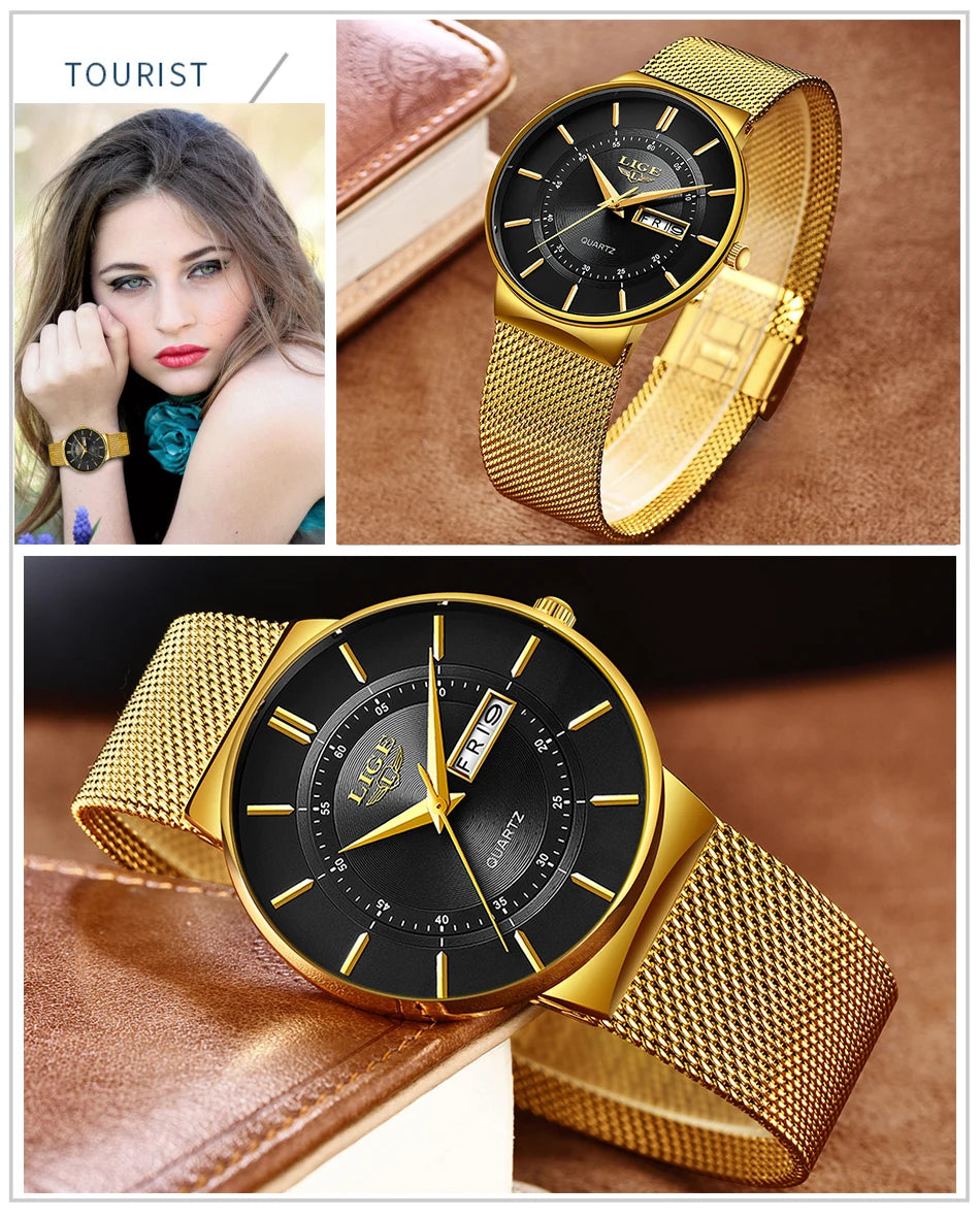 LIGE Women Watches Luxury Brand Ultra-thin Calendar Week Quartz Watch Ladies Clocks Mesh Stainless Steel Waterproof Reloj Mujer