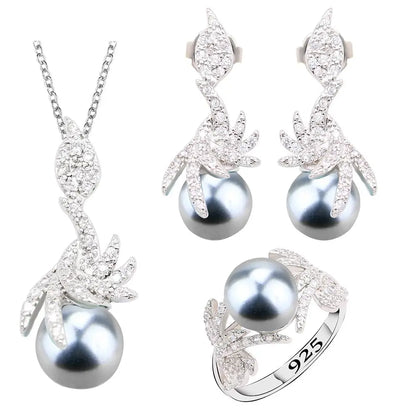 Black Pearl Silver Color Jewelry Sets for Women Earrings Necklace Pendant Ring New Arrival