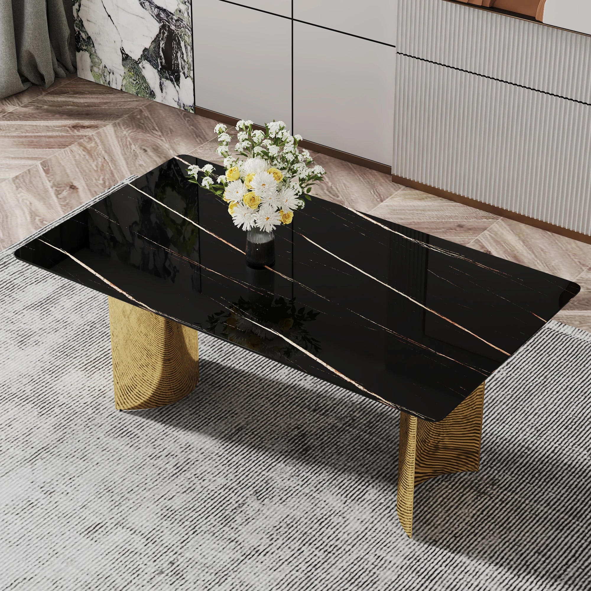 Modern Minimalist Square Dining Table with Black Patterned Glass Top Golden Metal Legs for Home Furniture Apartments...