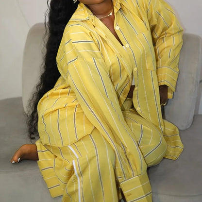 Boutique Wholesale 2025 Autumn New Fashion Collar Loose Striped Shirt Casual Pants Women's Set