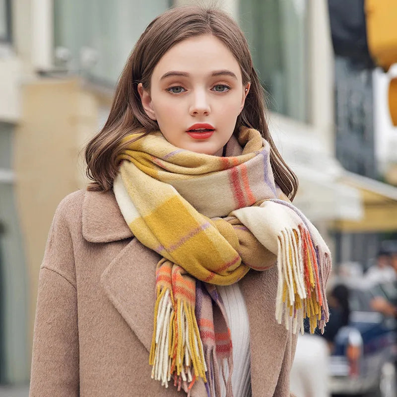 Winter 100% Lamb Wool Scarf Women Luxury Thicken Warm Shawls Wraps Checkered Pashmina Foulard Femme Plaid Cashmere...