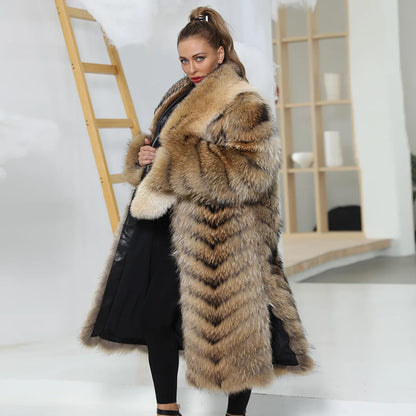 Super Luxury Full Fur Long Style Lady Women Genuine Raccoon Fur Coat Women