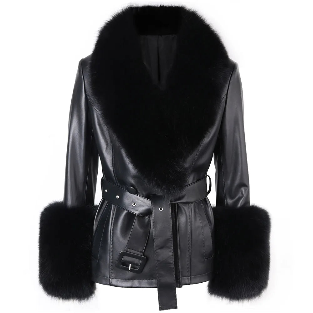 YOLOAgain Women's Real Fox Fur Collar Sheepskin Leather Jacket Coat Autumn 2024