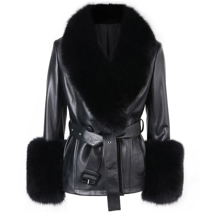 YOLOAgain Women's Real Fox Fur Collar Sheepskin Leather Jacket Coat Autumn 2024