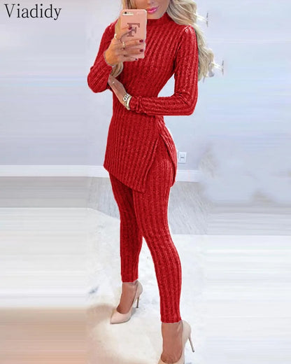 Women Winter 2pcs Suit Long Sleeve Ribbed Slit Long Top and High Waist Knitted Pencil Pants Set