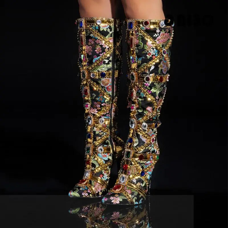 Retro Fashion Botas De Cano Alto Pencil Heel Shoes Knee High Luxury Boots for Women