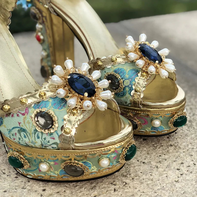 MStacchi Luxury Brand Women Platform Sandals Crystal Embroidery High Heel Sandalia Feminina Buckle Strap Rhinestone Wedding Shoe - Kimlud