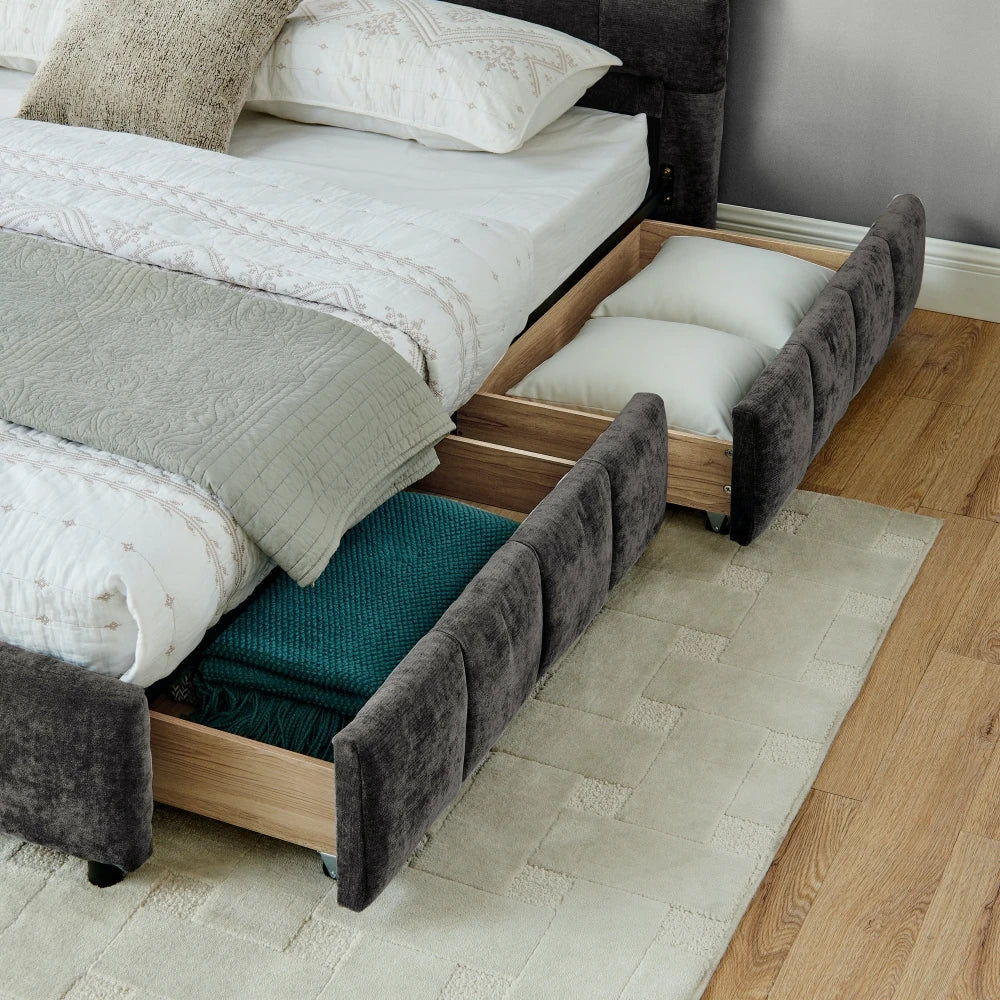 Modern Luxury Queen/King Size Upholstered Bed Frame Soft Chenille Fabric Bedroom Furniture with Wooden Structure