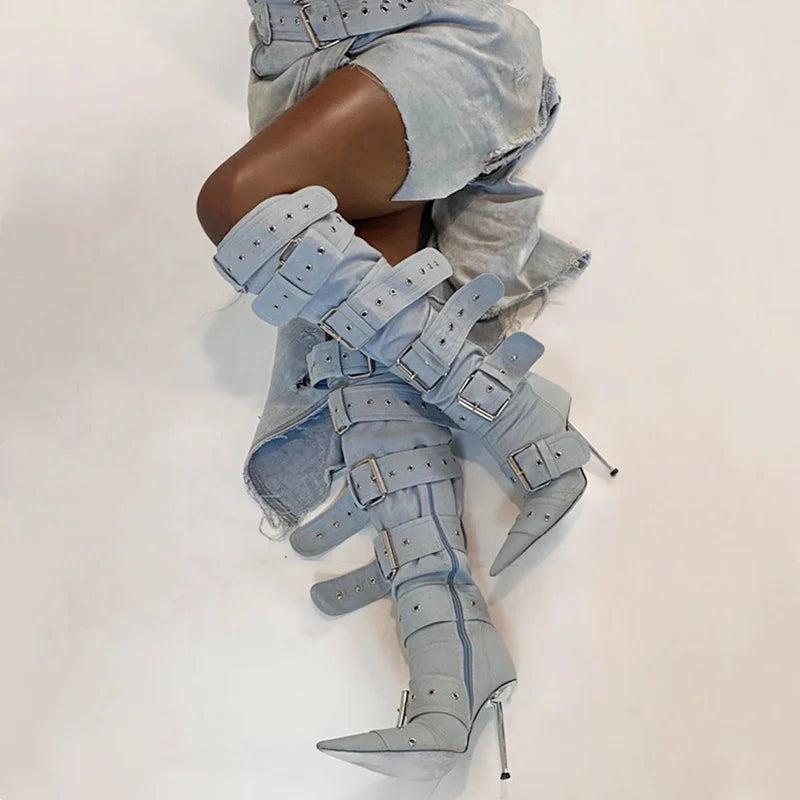 Silver Belt Buckles Women Thigh High Boots Metal High Heels Denim Long Booties Sexy Punk Over Knee Stiletto Shoes