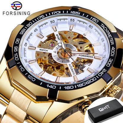 Forsining 2025 Stainless Steel Waterproof Mens Skeleton Watches Top Brand Luxury Transparent Mechanical Sport Male Wrist Watches