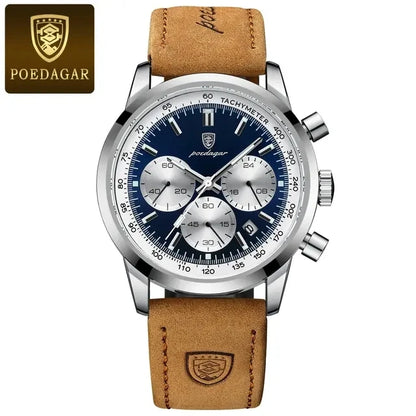 POEDAGAR Men's Watch High Quality Waterproof Chronograph Luminous Men's Wristwatch Leather Quartz Watches Casual Clock 921