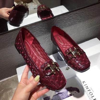 Women's Flat Shoes Spring Autumn New Square Toe Chain Comfortable Casual Square Toe Slip-On Female Shoes Large Size 36-42