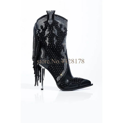 Fashion Womens Rhinetone Embellished Over The Knee Boots Crystal Fringe Party Shoes Autumn Thigh 10cm Metal High Heel Long Boots