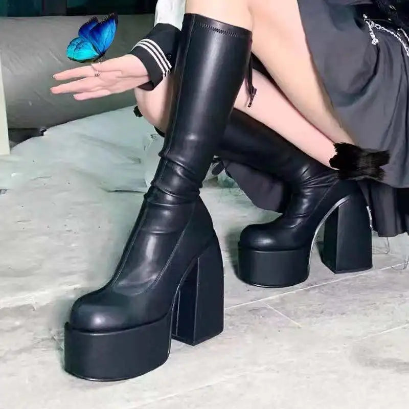 Platform Heel Boots Women's Pumps Stretch Ankle Boots Designer Knee-high Women Boots Trend Thigh High Boot Black Gothic...