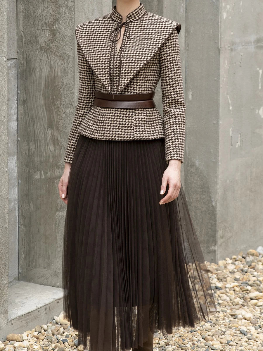 tailor shop Retro Slim and thin dark brown houndstooth winter female light luxury top and skirt Semi-Formal Dresses - Kimlud