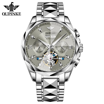 Oupinke 3316 Oem logo Hollow Design Business Tourbillon Waterproof Stainless Steel Luminous  Automatic Mechanical Watch for Man