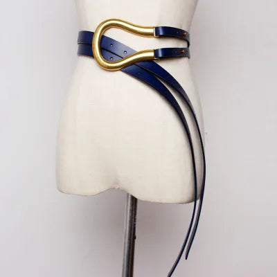 NEW Genuine Leather double Belts Luxury Metal U Buckle belt women girls retro vintage large belt for coat jeans black white