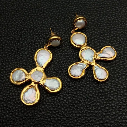 YYGEM Gold plated Cross shape Natural Freshwater Cultured White Coin Pearl Crucifix Drop Stud Earrings Fashion Jewelry For Gift